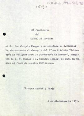 Carta d'agraïment del president a Joaquín Fargas pel donatiu d'un llibre