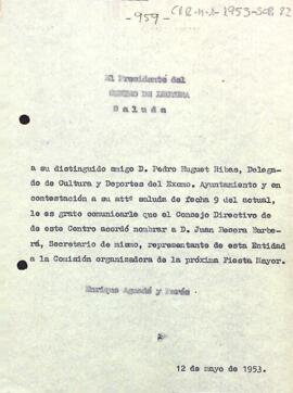 Carta del president al delegat de cultura i esports de l'ajuntament de Reus
