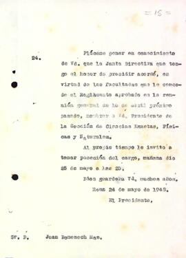 Carta de la Junta Directiva a Joan Domènech Mas