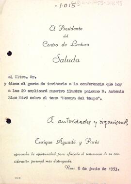 Carta d'invitació del president a la conferència d'Antonio Rius Miró