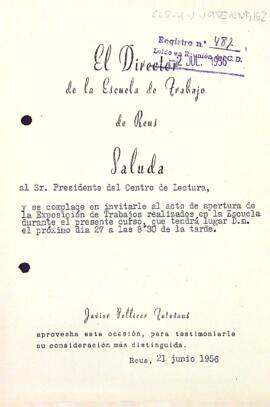 Invitació del director de l'Escola de Treball de Reus al president del Centre de Lectura a l'acte inaugural de l'exposició de treballs