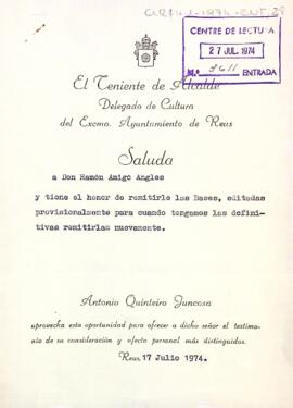 Carta del regidor de cultura de l'Ajuntament de Reus al president enviant les bases editades provisionalment