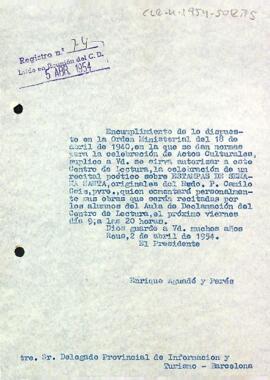 Carta del president al delegat provincial d'informació i turisme de Tarragona