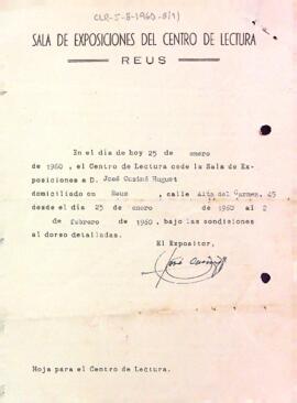 Fitxa de lloguer de la Sala d'Exposicions a Josep Cusiné Huguet