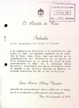 Invitació de l'alcalde de Reus a una conferència de Santiago Udina
