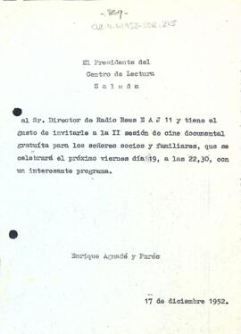 Carta d'Enric Aguadé Parés al Director de Ràdio Reus