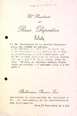 Carta del Reus Deportiu a la Secció Excursionista