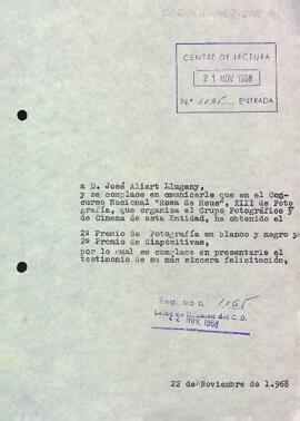 Carta a José Aliart Llugany comunicant el resultat del Concurs Nacional Rosa de Reus, XIII de Fotografia