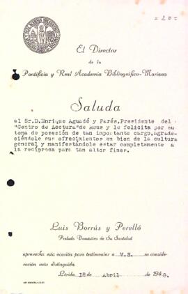 Carta de Luis Borràs i Perelló a Enric Aguadé Parés