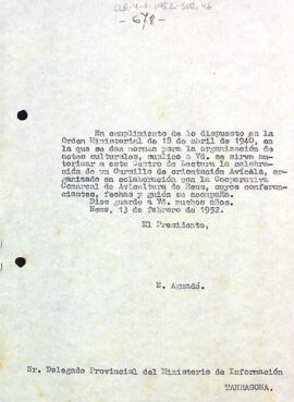 Carta d'Enric Aguadé al Delegat Provincial del Ministeri d'Informació de Tarragona