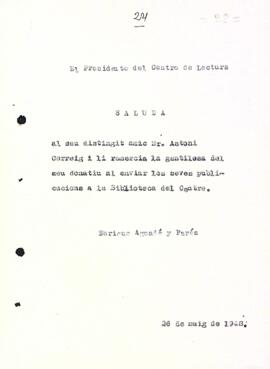 Carta d'agraïment a Antoni Correig