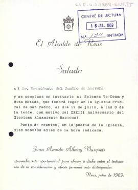 Invitació de l'alcalde de Reus al president del Centre de Lectura