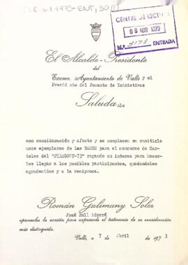 Carta de l'alcalde de Valls al president del Centre de Lectura fent entrega de les bases del concurs de cartells Firagost-73