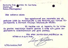 Renovació de la subscripció a la Revista del Centre de Lectura