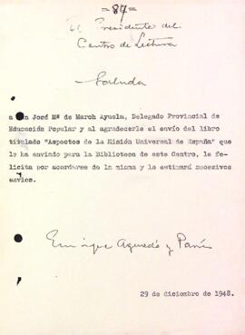 Carta d'agraïment a Josep M. de March Ayuela