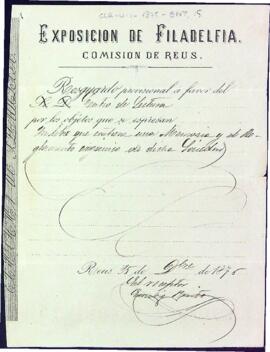 Resguard dels documents entregats per l'Exposició Universal de Filadèlfia del 1876