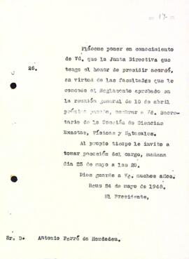 Carta de la Junta Directiva a Antoni Ferré de Homdedeu