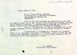 Carta del president al secretari de l'Escola de Música de l'Institut Musical de Tarragona disculpant-se per no poder atendre a la seva petició