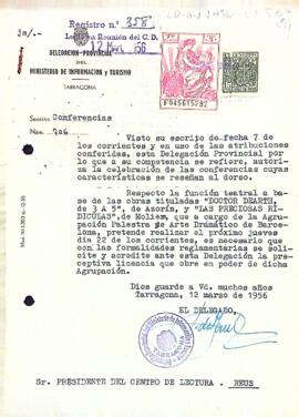 Carta del delegat provincial del Ministeri d'Informació i Turisme al president del Centre de Lectura