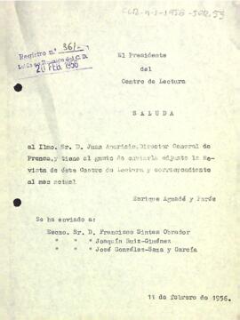 Carta del president comunicant l'enviament de la Revista del Centre de Lectura
