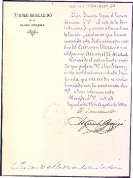 Miquel Amigó convida al president del Centre a assistir a la distribució de premis del concurs literari de l'Ateneu Igualadí