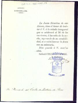 Invitació a la vetllada inaugural de l'Ateneo Sabadellés
