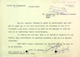 Carta del Casino de Tarragona al president del Centre de Lectura