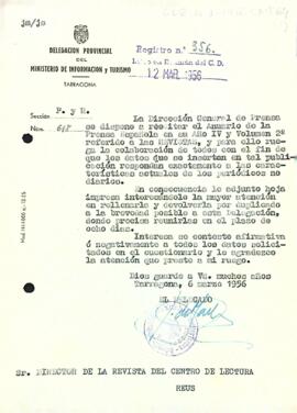 Carta del delegat provincial del Ministeri d'Informació i Turisme al president del Centre de Lectura