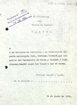 Carta d'invitació del president al recital de poesia de Bartomeu Barceló homenatjant a Costa i Llobera i Joan Alcover