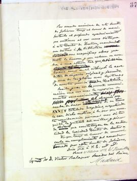Carta d'agraïment de la junta de govern a Víctor Balaguer, pel donatiu de la seva obra, a la biblioteca de l'entitat