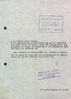 Carta a Benito Moya Vivar comunicant el resultat del Concurs Nacional Rosa de Reus, XIII de Fotografia