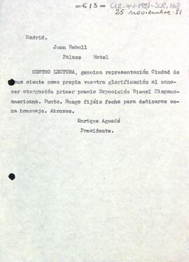 Carta de felicitació del president a Joan Rebull pel primer premi en l'Exposició Biennal Hispanoamericana