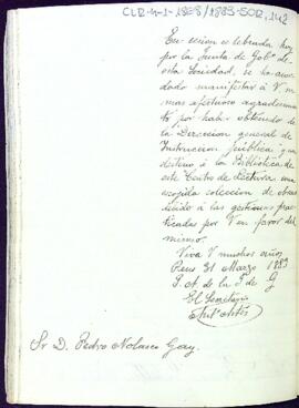 Carta d'agraïment de la junta de govern a Pere Nolasc Gay per la col·lecció d'obres donades a la Biblioteca del Centre de Lectura