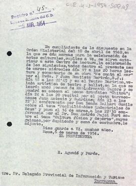 Carta del president al delegat provincial d'informació i turisme de Tarragona