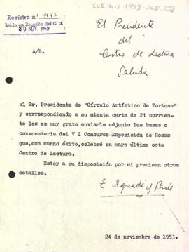 Carta d'Enric Aguadé al president de Círculo Artístico de Tortosa