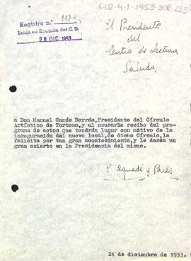 Carta d'agraïment del president al Círculo Artístico de Tortosa