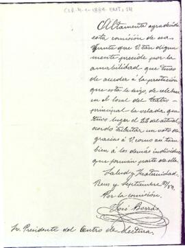Carta d'agraïment de Josep Borràs al Centre de Lectura per deixar el Teatre Principal per celebrar un acte el 22 de setembre de 1899.