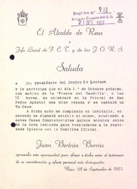 Carta de l'alcalde de Reus al Centre de Lectura