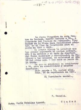 Carta del president accidental, Pere Cavallé, a Maria Cañelles Aguadé, entre altres, per comunicar que han estat nomenats professors d'alguna de les assignatures que s'impartiran a l'entitat