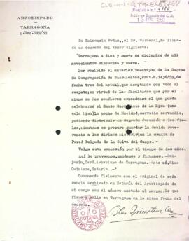 Carta de l'Arquebisbe de Tarragona concedint la missa a l'ermita de Paretdelgada de la Selva del Camp