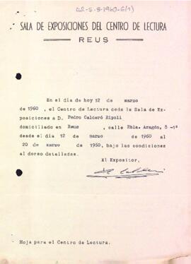 Fitxa de lloguer de la Sala d'Exposicions a Pere Calderó Ripoll