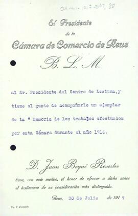 El president de la Cambra de Comerç de Reus envia un volum de les memòries de l'any 1916