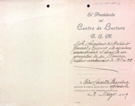 Carta d'agraïment al Secretari de l'Instituto General y Técnico