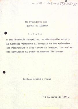 Carta d'agraïment del president a Sebastià Tosquellas pel donatiu de dos opuscles