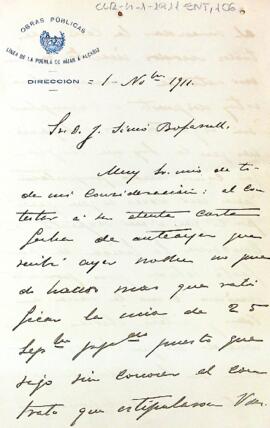 Carta de Ramon de Montagut al president relacionada amb el contracte de l'entitat i les obres del Teatre