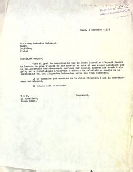 Carta d'agraïment del president a Josep Balsells Baldrich