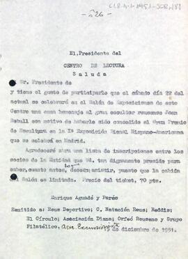Invitació del president a l'acte d'homenatge a Joan Rebull