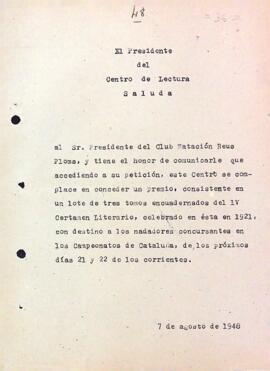 Carta d'Enric Aguadé Parés al Club Natació Reus Ploms