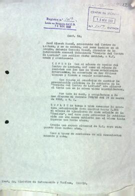 Carta del president al ministre d'informació i turisme