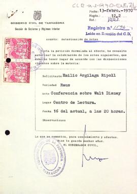 Carta del governador civil al president del Centre de Lectura autoritzant la conferència sobre Walt Disney